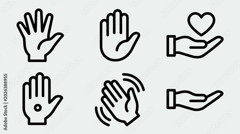 Fototapeta premium Minimalist vector icons of expressive hand gestures, symbolic of communication, help, offering, care, clarity, balance, modern design, interaction.