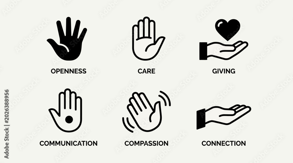 Fototapeta premium Minimalist vector icons of expressive hand gestures, symbolic of communication, help, offering, care, clarity, balance, modern design, interaction.
