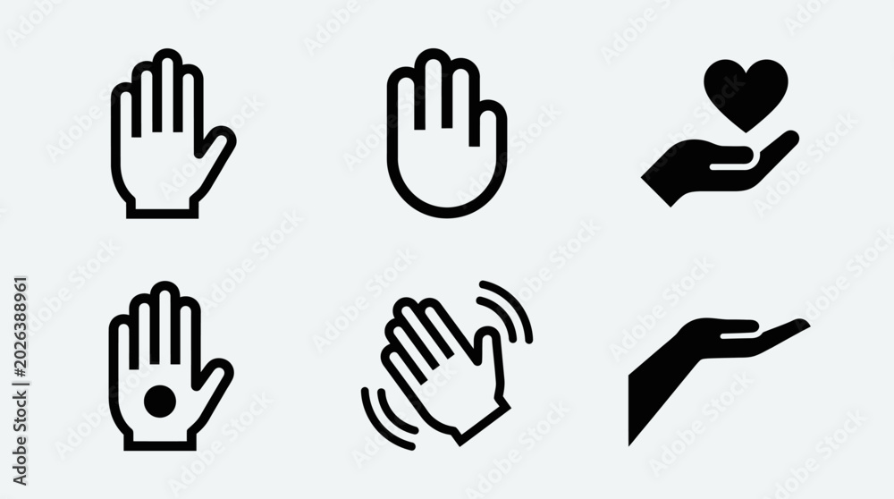 Obraz premium Minimalist vector icons of expressive hand gestures, symbolic of communication, help, offering, care, clarity, balance, modern design, interaction.