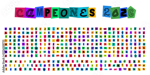 Fotografie CAMPEONES 2026 letras recortadas estilo collage para diseno deportivo y celebrac
