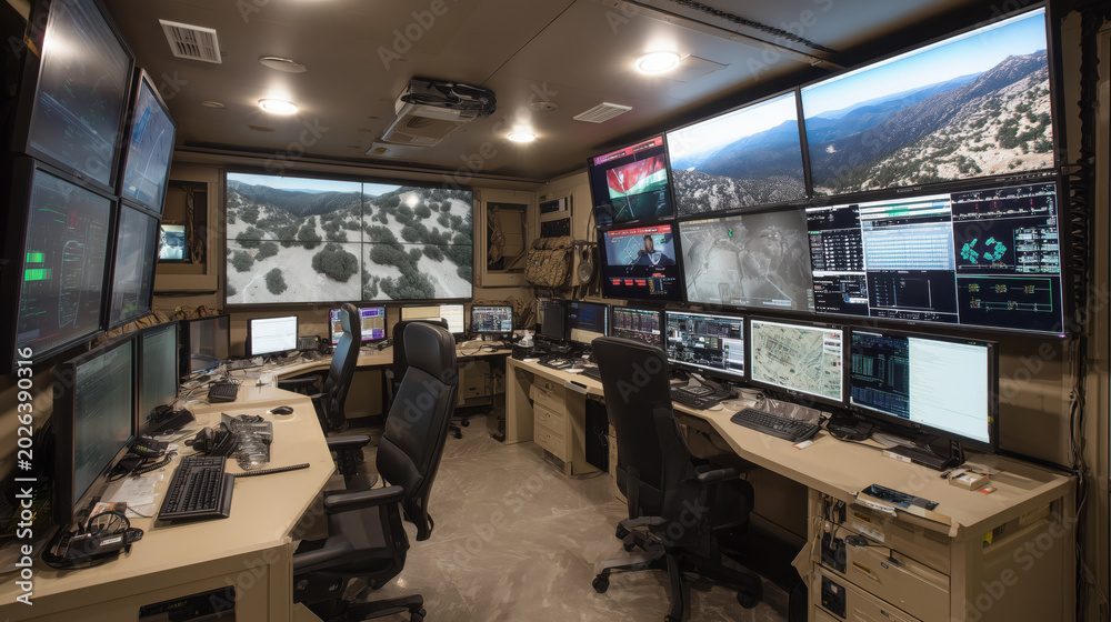 Fototapeta premium Military Command Center With Multiple Screens Displaying Data and Maps