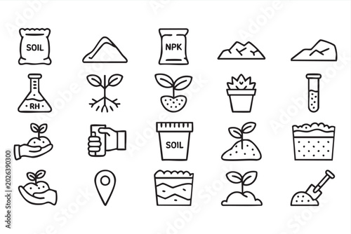 Soil and gardening icon set with fertilizer, seedlings, compost, pH testing, and sustainable agriculture symbols