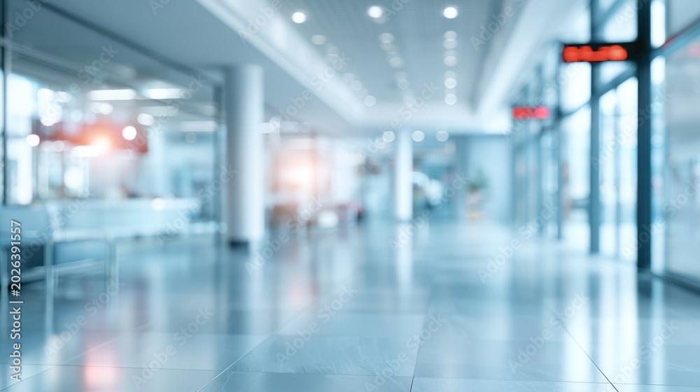 Fototapeta premium A bright, modern, and spacious hallway with reflective tiled floors and glass walls, featuring blurred digital signs and a clean, minimalistic design.