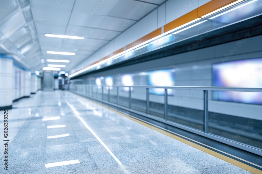 Fototapeta premium A modern, empty subway platform with clean, reflective floors and bright overhead lighting, featuring sleek design elements and a sense of spaciousness.