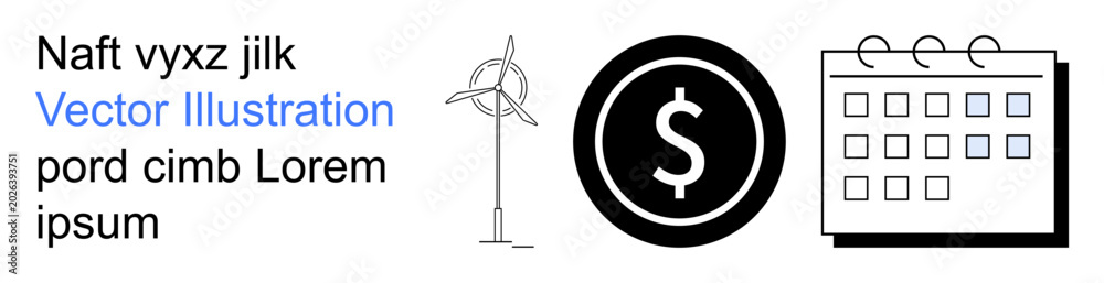 Obraz premium Sustainable energy, financial planning, economic growth, clean power, savings, renewable resources. Wind turbine, dollar symbol and calendar icons displayed. Sustainable energy and financial