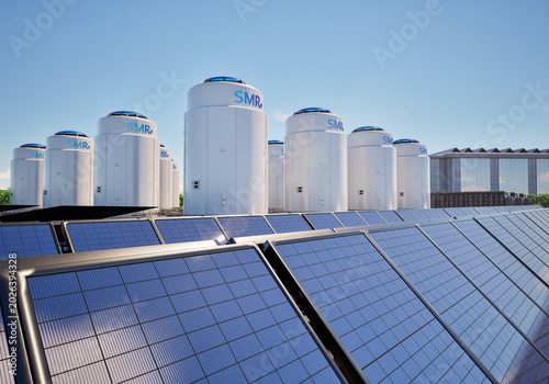 Smr or small modular nuclear reactors power plant with solar panels for data center building