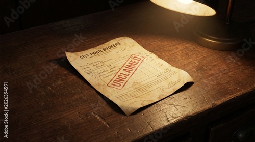Old crumpled pawn shop receipt on dark wooden table with warm lighting