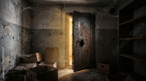 Abandoned rusted metal safe door in dimly lit underground corridor with vintage texture