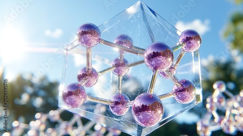 Molecular Structure Inside Crystal Cube with Reflected Trees and Sky, Science Concept