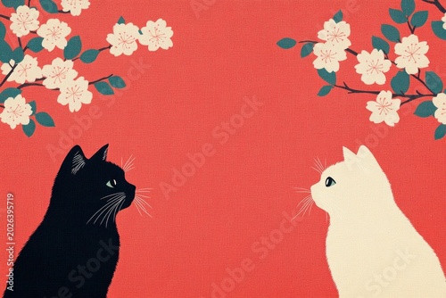 Serene Encounter: Black and White Cats Beneath Blooming Cherry Blossoms on Textured Coral Background