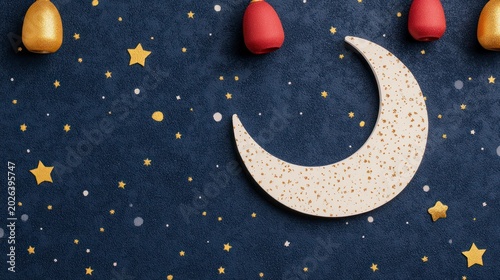 Celestial Night Sky with Crescent Moon and Golden Stars, Festive Decor.