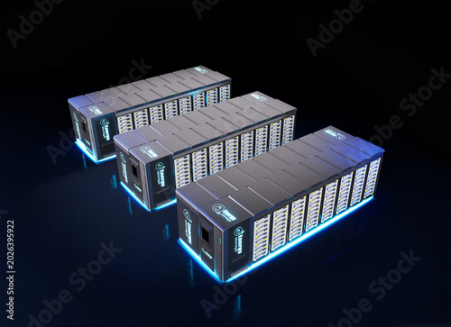 Group of energy storage systems or battery container units isometric