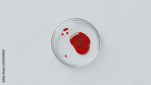 A petri dish containing a sample of red liquid on a light gray background for medical or scientific use