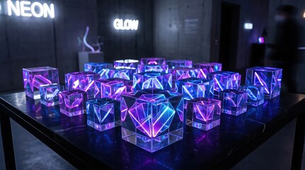 Vibrant purple and blue glowing glass cubes on a table in a dark room with neon signs