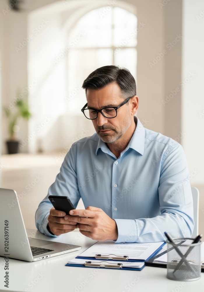 Obraz premium Professional Mature Businessman in Blue Shirt and Glasses Using Smartphone at Office Desk with Laptop