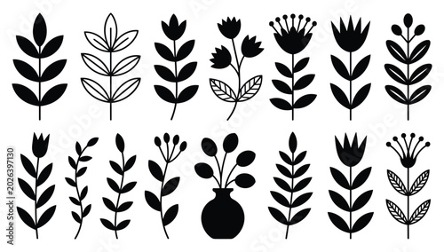 Set of various green leaves and flowers isolated illustration isolated on white background, Vector