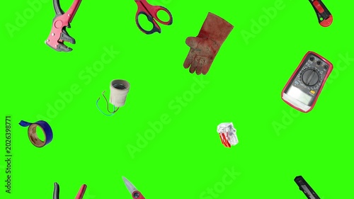 Collection of electrical and repair tools floating on a green background
