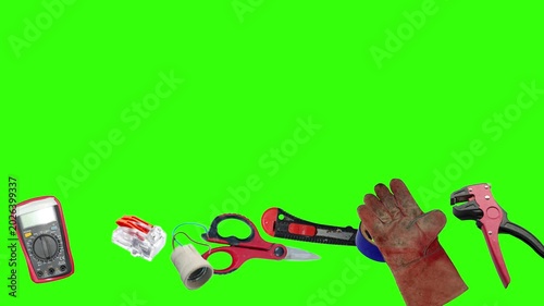 Collection of electrical and repair tools floating on a green background