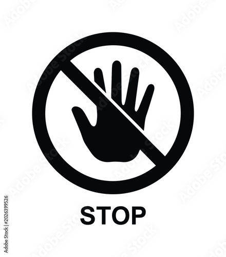 Stop sign icon, black and white prohibition symbol, no entry or forbidden gesture, warning and restriction graphic for safety and compliance