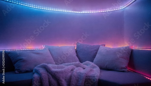 Medium shot capturing colorful LED lights gently glowing in a lowlight sensory alcove enhancing visual stimulation and relaxation.