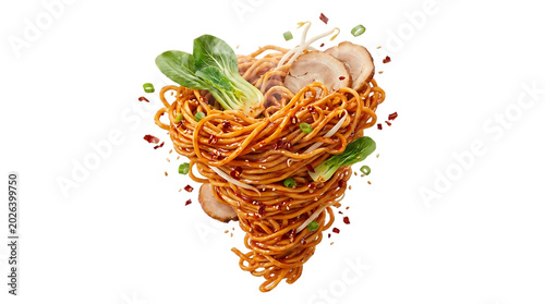Tornado of noodles with vegetables floating in air