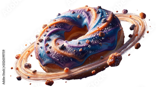 Donut planet in deep space with rings and moons