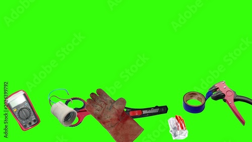 Collection of electrical and repair tools floating on a green background