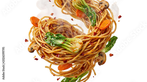 Tangled noodles with vegetables flying in air