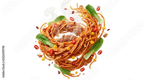 Tornado noodle dish with vegetables swirling
