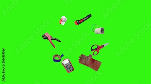 Collection of electrical and repair tools floating on a green background