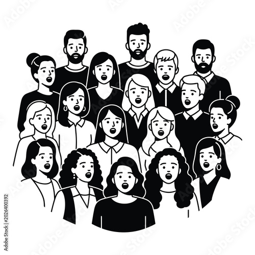 Diverse group of people singing together in harmony loudly  various ages and expressions icon