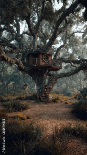 Wooden treehouse nestled amongst overgrown foliage.