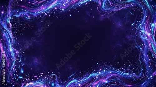 Futuristic Cosmic Banner with Glowing Galaxy Dust and Shimmering Particles Flowing Around the Edges and an Empty Center for Copy Space