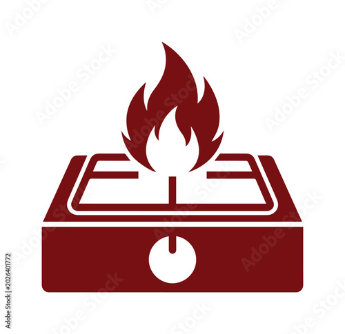 Gas stove burner with a vibrant red flame, a minimalist vector icon for cooking and kitchen appliance designs, isolated on white.