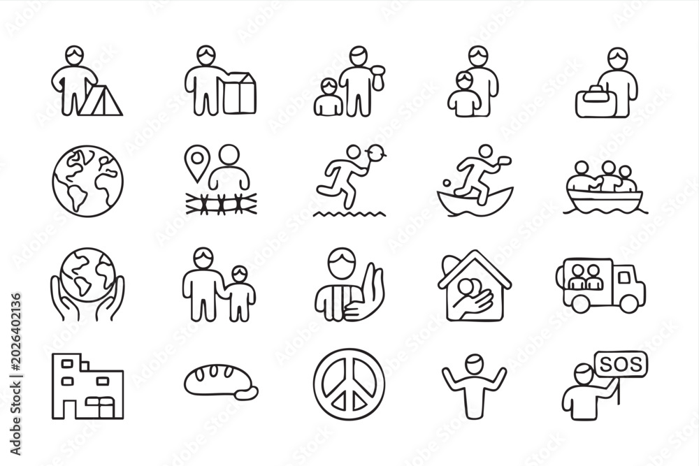 Fototapeta premium Nonprofit Relief Symbol Collection With Family, Camp, Boat, And SOS Icons
