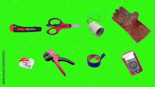 Collection of electrical and repair tools floating on a green background