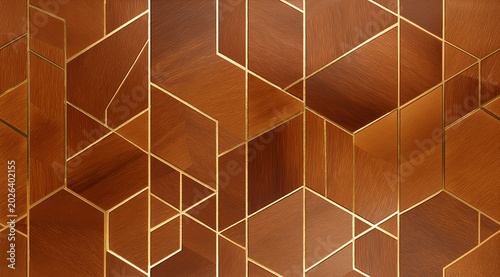 Geometric Wood Pattern with Gold Accents: An abstract and intricate design featuring warm brown wood grain accented with delicate gold geometric lines, creating a modern and sophisticated texture.