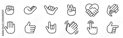 Conjunto de iconos de gestos y señales manuales. Representa interacción, aprobación y comunicación visual. Incluye saludo, validación, dirección, acuerdo y acción táctil. Ilustración vectorial