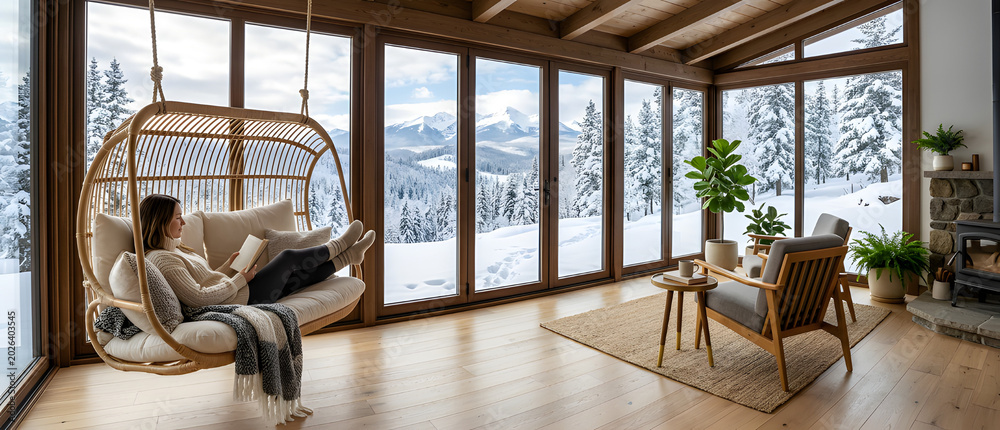 Fototapeta premium Woman reading in hanging chair with snowy mountain cabin view