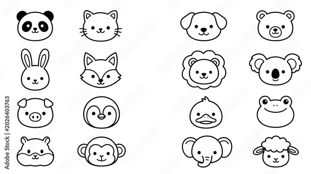 Obraz premium Collection of Cute Cartoon Animal Faces Hand Drawn Style.