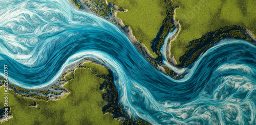 Aerial View of a Winding River Delta: A mesmerizing aerial perspective showcases a vibrant blue river delta, its tributaries weaving like intricate threads through lush green land.