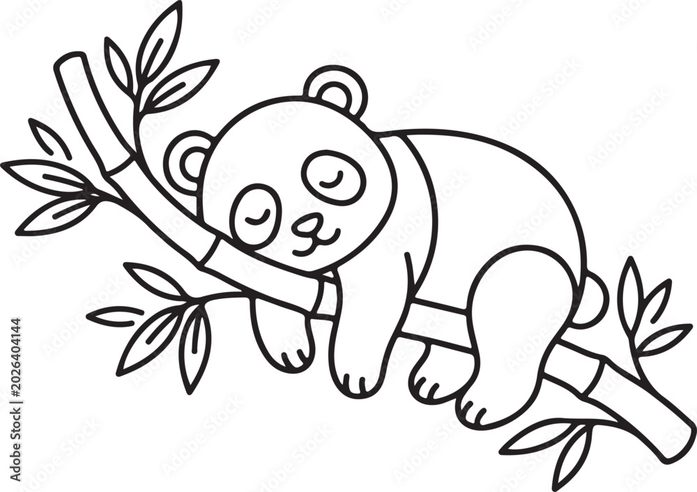 Obraz premium Cute panda sleeping on bamboo branch line art illustration vector character for coloring book design.