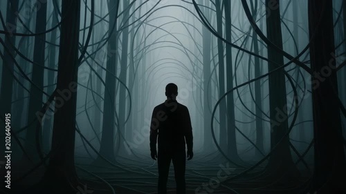 Male silhouette stands alone in dark, eerie forest of twisting, leafless trees with fog