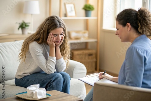 Young woman sits on couch, visibly distressed