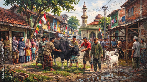 Painting of Indonesian Muslim Community Preparing Cow and Goat for Qurban Sacrifice During Eid Al-Adha in a Traditional Village