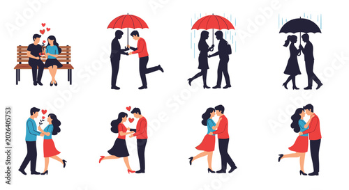 Collection of romantic couple illustrations showing various moments of love like walking in the rain, sharing a bench, and hugging.