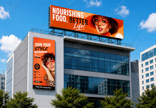 Modern City Building Billboard and Vertical Wall Banner Mockup for Brand Promotion