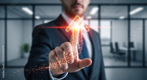 Businessman pressing glowing red upward arrow in office setting