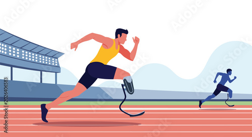 Konstfotografi Inspirational illustration of two disabled male athletes with prosthetic running blades competing on a stadium track field