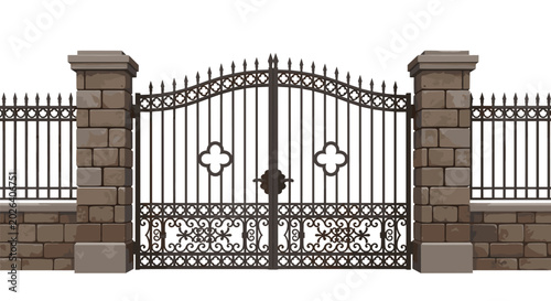 Fotografija Elegant traditional black wrought iron entrance gates with decorative patterns set between two sturdy stone pillars